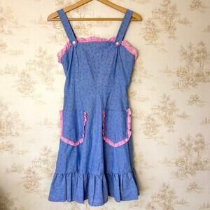 Vintage Handmade Cottagecore Blue Pink Floral Pinafore Ruffle Apron Dress